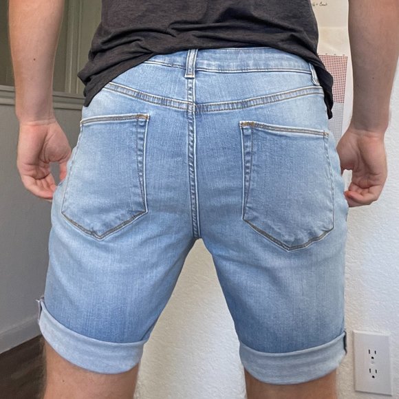 Mens Slim denim shorts in mid blue wash with rips - Picture 2 of 4